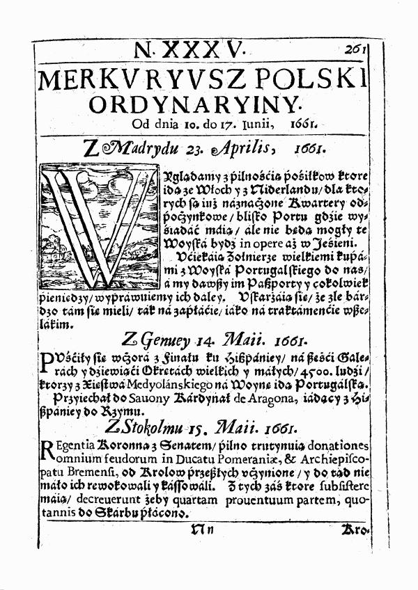 Pierwsze zachowane polskie czasopismo "Merkuriusz Polski Ordynaryjny" nr 35 z 1661 roku